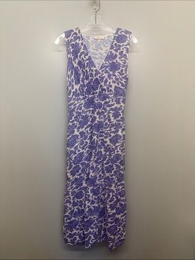Spighe Di Lino Linen Sleeveless V-Neck Floral Maxi Dress in Lavender and White